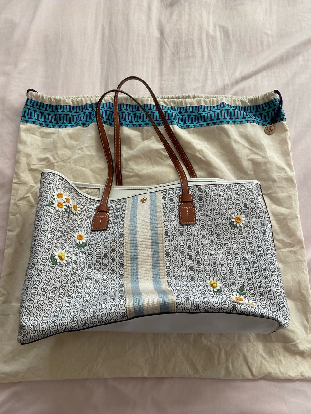 Tory Burch White and Light Blue Daisy Logo Canvas Tote with Brown Handles